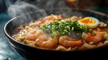 Bowl of steaming udon noodles with shrimp and egg Generative by AI photo