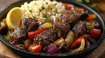 Sizzling grilled beef with vegetables and rice garnished with lemon wedges photo