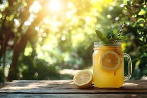 Refreshing lemonade served in a mason jar on a sunny summer day. photo