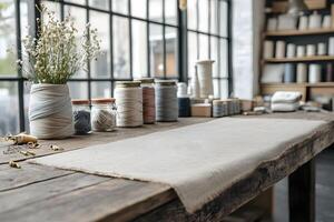 A well-organized sewing workshop featuring spools of thread and fabric photo