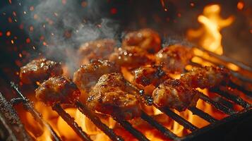 Grilling marinated chicken over open flames in a backyard barbecue setting photo