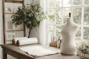 Mannequin on large table in a bright tailor's atelier photo