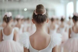 Ballerinas rehearsing in soft pastel tutus at a studio photo