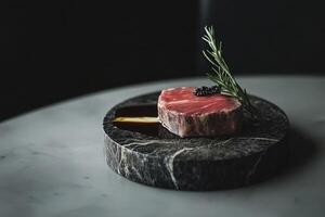 Perfectly seared A5 Wagyu medallion served on handcrafted stone plate with blackcurrant reduction and smoked rosemary sprig photo