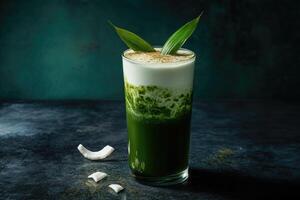 Pandan coconut milk tea showcases vibrant layers on luxurious black countertop with opulent teal backdrop photo
