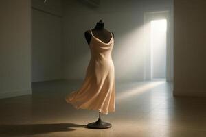 Elegant beige silk dress flowing on mannequin in soft sunlight photo