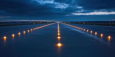 Runway Lights Guiding Aircraft Towards Landing at Night photo