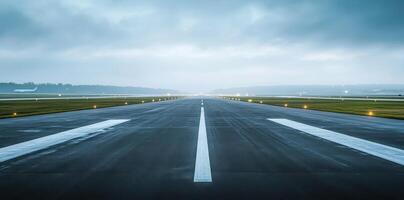 The Runway Awaits A Serene View of a Wet Airport Runway with Planes in the Distance photo