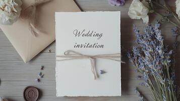 Rustic handmade wedding invitation suite featuring craft paper, twine, dried lavender, and a wax seal, creating a charming and elegant atmosphere photo
