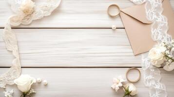 Wedding invitation mockup with lace, white roses, pearls and golden rings decorating a white wooden background, creating a vintage and elegant flat lay composition photo