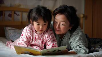 Asian Grandmother and granddaughter wearing pajamas are lying on bed and reading a book together before sleeping, enjoying a quiet moment of bonding and education photo