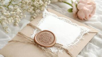 Overhead closeup features a rustic wedding invitation suite with kraft paper envelope, lace, twine, wax seal, white flowers, and a pink rose, copy space photo