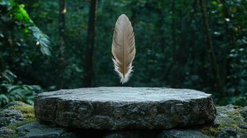 A feather floats above a stone platform in a lush forest photo