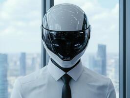 A robot in business attire stands in front of a window overlooking a city photo
