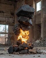 resumen escultura de equilibrio rocas con brillante centrar en abandonado edificio foto