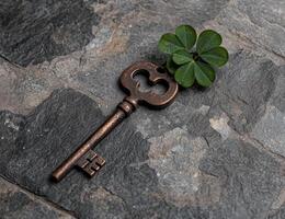 A vintage key rests on a stone surface with a four leaf clover, symbolizing luck and opportunity photo