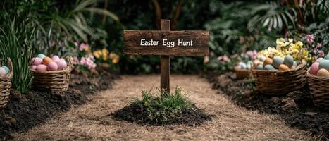 A rustic wooden sign points the way to an Easter egg hunt in a garden setting photo