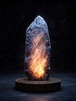 Mystical stone with glowing energy on a pedestal in a dark cave photo