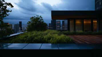 A view of the city skyline from a rooftop photo