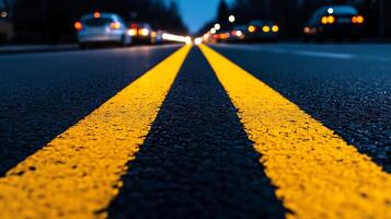 A long road with yellow lines and cars driving on it photo