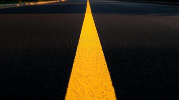 A long empty road with yellow lines on it photo