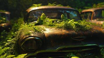 An eerie junkyard where old, rusted cars photo