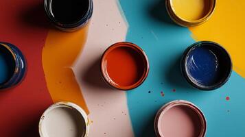 Colorful paint cans on a colorful background. photo