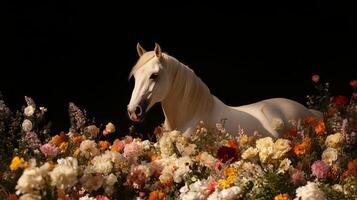 White horse in a field of flowers photo