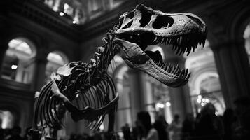 A fossilized T-Rex skeleton on display in a natural history museum photo