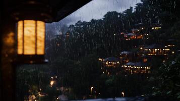 A view of a village in the rain photo