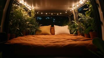 A cozy bed in the back of a van filled with plants photo