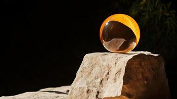 A glass ball sits on top of a rock photo