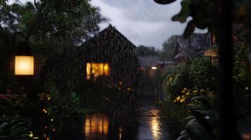 Rainy night scene with a house and a light photo
