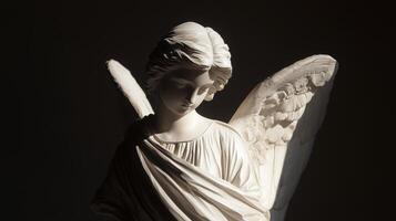 An angel statue is shown in the dark photo