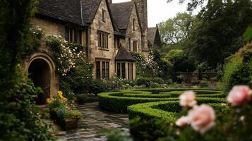 A beautiful garden with hedges and roses photo