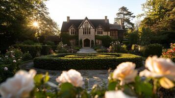 A large house with a garden in front of it photo