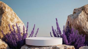 Lavender flowers on rocks and a white round table photo