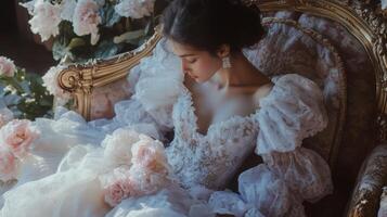 A woman in a wedding dress sitting on a chair with flowers photo