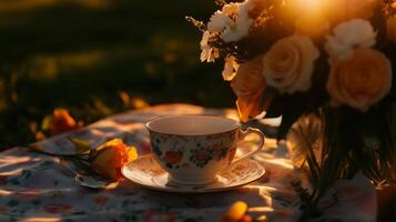 Tea cup and flowers on a picnic blanket photo
