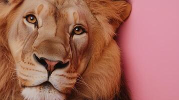 A lion is looking at the camera on a pink background photo