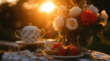 Tea and flowers on a table with a sunset photo