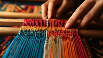 A person is weaving a colorful piece of fabric photo