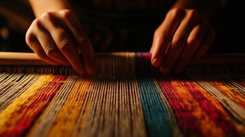 A person is weaving a colorful cloth on a loom photo