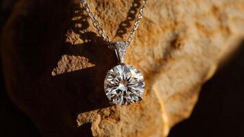 A diamond pendant sitting on a rock photo