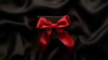 Gift box with a red bow on a fabric background photo