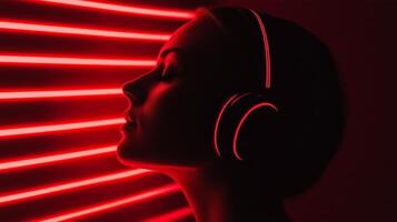 A woman with headphones on her head in front of red light photo