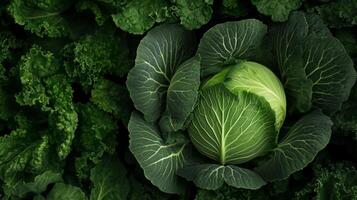 A cabbage is surrounded by green leaves photo