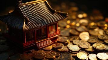 A miniature chinese house is surrounded by coins photo