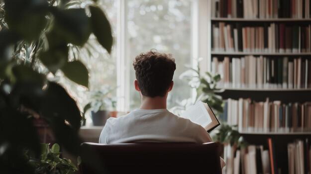 Man Reading in Cozy Library with Bookshelves Background photo