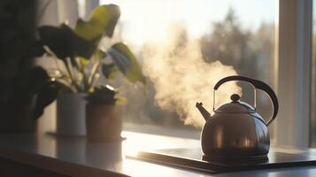 A kettle on a window sill with steam coming out photo